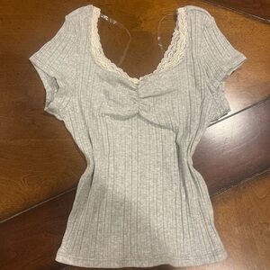 RSQ Light Gray Ribbed Tee with Lace Detail